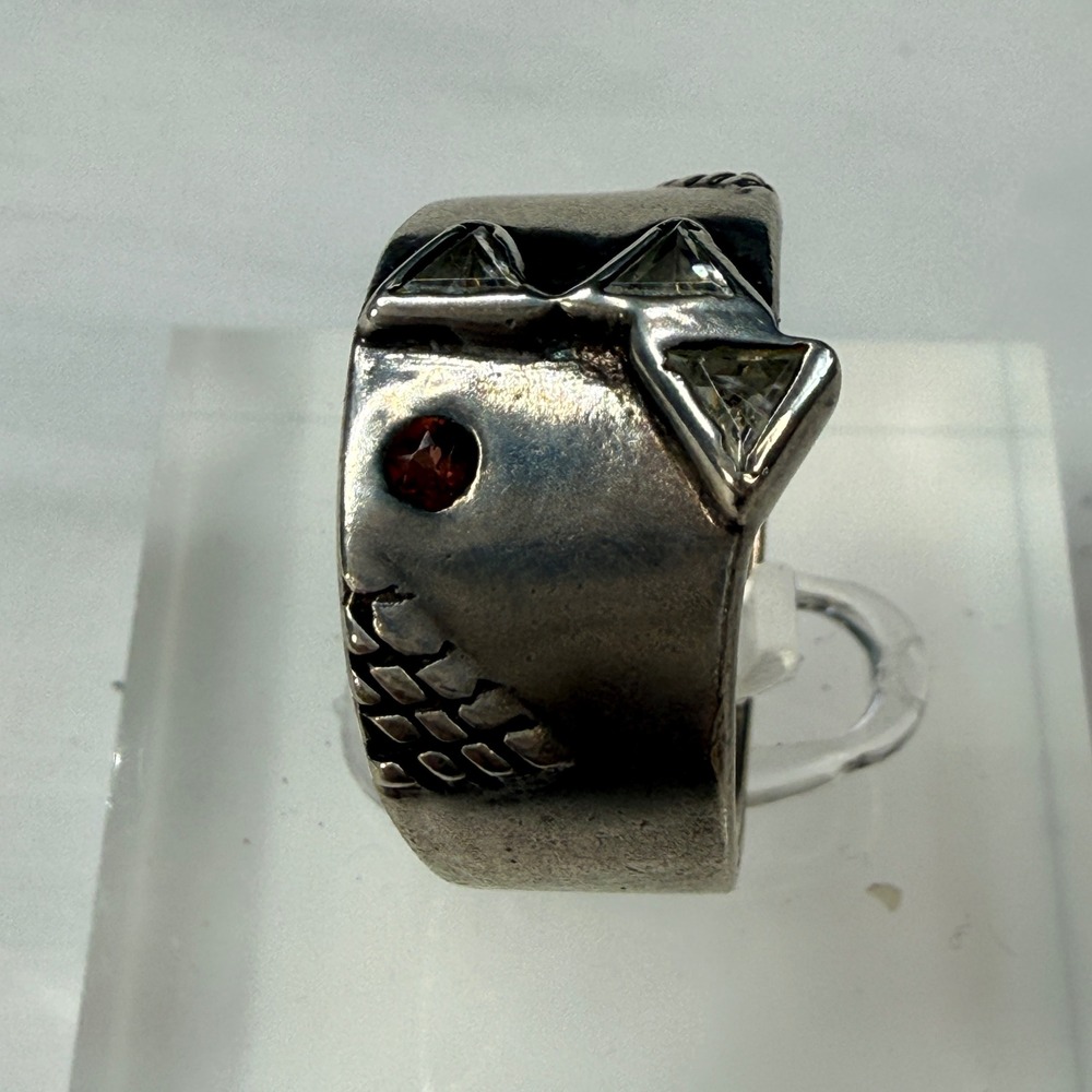 Sterling Silver 925 Wide Band Ring Geometric Red & Clear Stones Size 7 9.5g - Picture 4 of 8